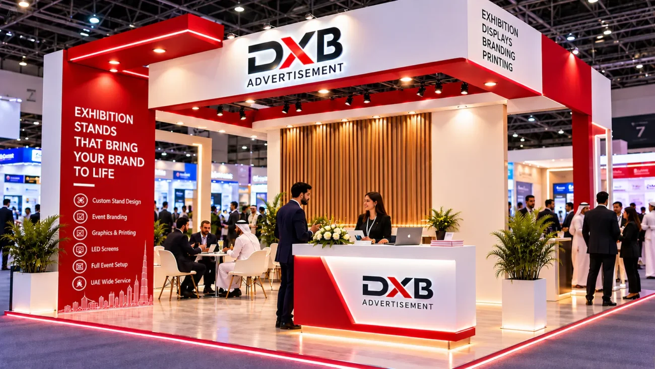 Event branding in Dubai with a branded backdrop and promotional display